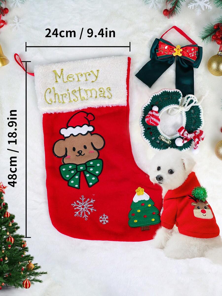 PETSIN 4pcs Pet Christmas Gift Pack, Cat And Dog Universal Clothing, Cute Autumn/Winter Embroidered Elk Pattern Hoodie, Comes With Collar Accessory Set, Red Gift Bag With Storage Function