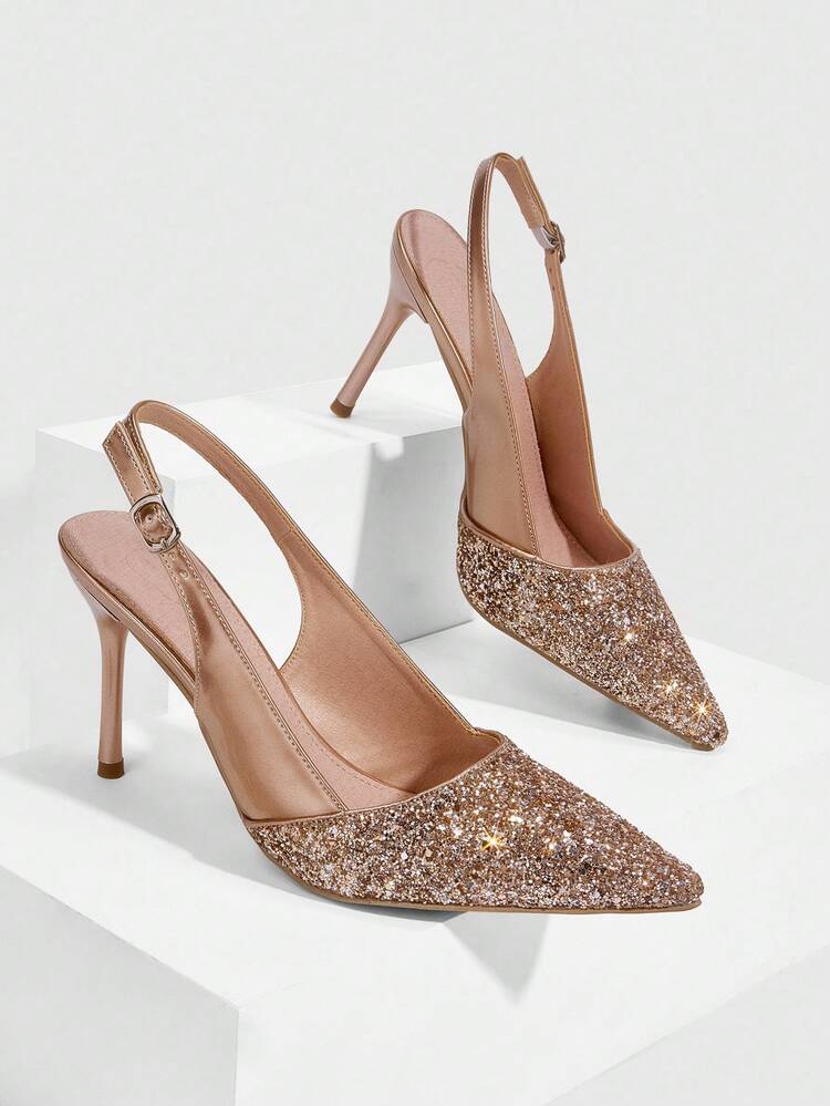 CUCCOO SZL Sapatos de Salto Alto Stiletto de Bico Fino Femininos, Splicing de Tecido Dourado Brilhante em PU, Moda Confortável para Uso Diário, Festa, Banquete, Design com Fivela