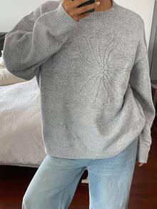 DAZY Damen Loose Fit Rundhals 3D Blumen Dekor Pullover Sweater Winter - Babyblau - Übersicht 2