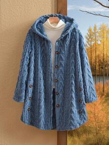 Rusticease Textured Plush Warm Comfortable Button Decorated Hooded Plus Size Jacket ,Spring - Blue - View 4
