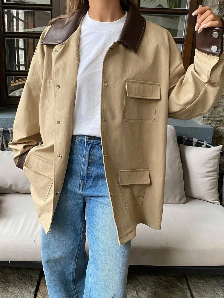 Women's Lapel PU Contrast Color Leather Collar Patchwork Loose Straight Casual Street Style Trench Coat Jacket