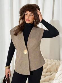 Auralis 大码纽扣装饰优雅时尚无袖背心夹克，秋冬 - 卡其色 - 查看 3