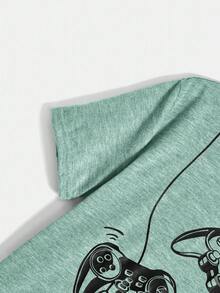 SHEIN Tween Boy Video Game Graphic Dropped Shoulder T-Shirt, Casual & Comfortable For Daily Wear, Summer - Green - View 4