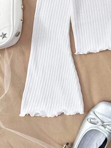 青少年女孩休闲日常针织领荷叶边白色修身喇叭袖开衫 - 白色 - 查看 4