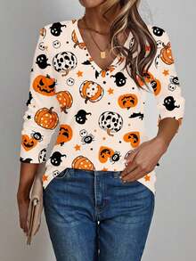 EMERY ROSE Damtröja med V-ringning och långärmad design, Halloween-motiv, höst/vår - Multifärgad - Visa 1