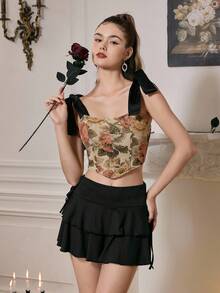 SHEIN MOD Women Floral Jacquard Asymmetric Hem Camisole And Ruffle Hem Mini Skirt 2 Pieces Set, Fashion,Fall Clothes For Women,Corset & Ruffled Shirt Set,