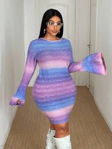 Maweii 加大码渐变色优雅圆领长袖毛衣裙 - 彩色 - 查看 8