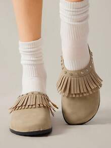 Solecia Giày Brogues mũi tròn có tua rua dành cho nữ, giày bệt có quai khóa kép đính đá lấp lánh, thoải mái khi đi làm, dự tiệc, đi làm, thời trang đa năng - Màu Khaki - Xem 7