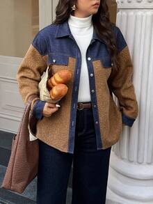 Easura Áo khoác tay dài ấm áp chắp vá cỡ lớn - màu nâu - Xem 1