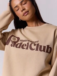 Musera Sport Sport "Padel Club" Graphic Print Oversized Sweatshirt Casual Lounge Active Workout Gym Back To School Winter - Khaki - View 2