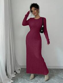 Selianne 休闲纯色长袖修身女式毛衣裙 - 酒紅色 - 查看 4