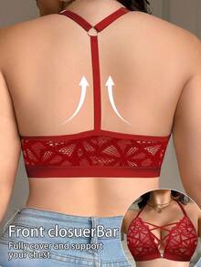 SHEIN 1pc Front Closure Lace Plus Size Wireless Bra, Lift - Red - View 2