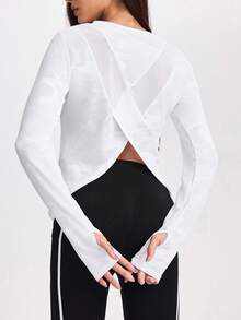 SHEIN Sports Casual Solid Color Jacquard Mesh Patchwork Long Sleeve Sports T-Shirt Mesh Work Out Top Blouse Gym - White - View 3