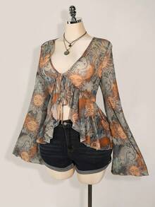 SHEIN ICON Áo len dệt kim buộc trước in họa tiết cổ điển Y2K cỡ lớn, họa tiết Paisley thần Mặt trời, phong cách Boho, áo cánh in họa tiết mỏng tay loe, lễ hội âm nhạc, kỳ nghỉ hè - Màu xanh lam - Xem 5