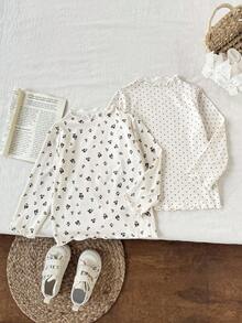 SHEIN 2 pièces Hauts à manches longues avec col rond et poignets à volants, imprimé floral mignon pour bébé fille. Convient pour le printemps/automne - Nude - Voir 1