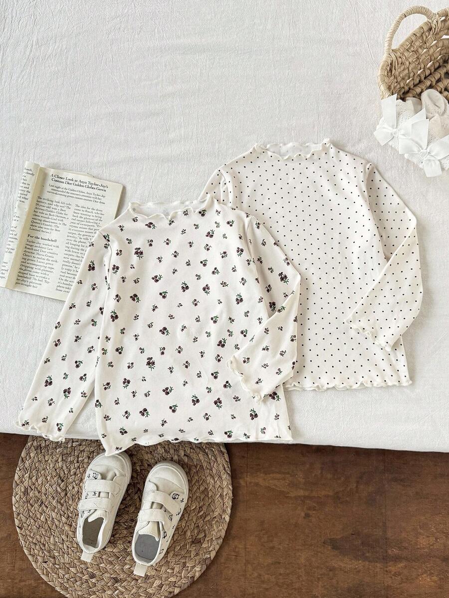 SHEIN 2 pièces Hauts à manches longues avec col rond et poignets à volants, imprimé floral mignon pour bébé fille. Convient pour le printemps/automne - Nude - Voir 1