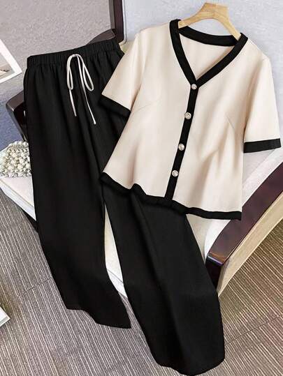 Franclia 大码女式梭织拼色拼接 V 领短袖开衫衬衫 + 松紧腰直筒裤浪漫两件套，优雅经典风格