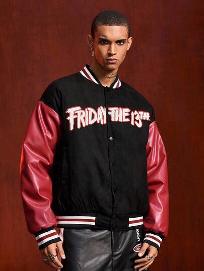 Friday the 13th X ROMWE Veste de baseball à manches longues pour hommes avec lettres et masque, en blocs de couleurs