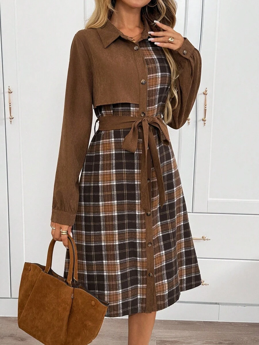 SHEIN LUNE 女式休闲格子腰带长袖衬衫裙秋季连衣裙秋季连衣裙咖啡棕色连衣裙大地色连衣裙棕色女装秋季女装女装冬季女装秋季女装女装优雅商务休闲女装棕色女式工作服棕色连衣裙冬季连衣裙女式格子连衣裙 - 彩色 - 查看 1