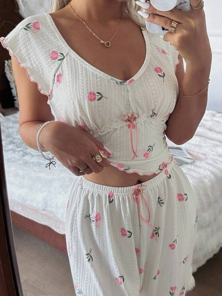 CottageSlumber 女士舒适针织提花郁金香印花装饰蝴蝶结可爱休闲睡衣套装 - 米色 - 查看 1