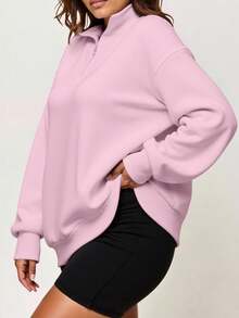 INAWLY Plus Size Casual Solid Color Half Zip Stand Collar Long Sleeve Sweatshirt Graduation,Back To School,Teacher Pullover Fall - Pink - View 3
