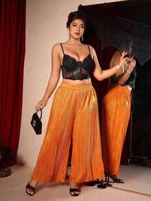 SHEIN PETITE CURVE 大码女装新款高腰宽松直筒休闲阔腿百褶裤，夏季 - 橘色 - 查看 6