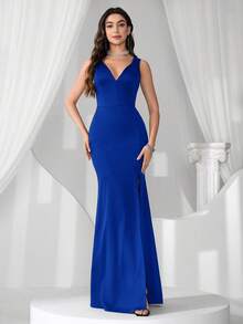 Coutiva 深 V 领水钻露背美人鱼开衩礼服 - 寶藍色 - 查看 4