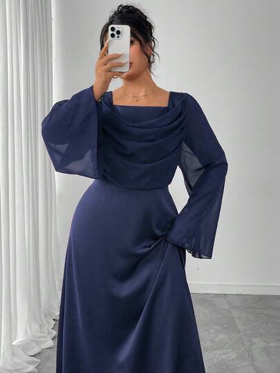 Modelyn Plus Size Women's Contrast Material Splice Draped Neck Waist Cinched A-Line Long Sleeve Dress, Fashion Blue, Autumn/Winter