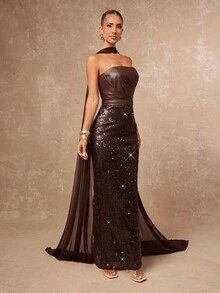 Lumalex 1 pièce Robe moulante  froncée à la taille avec ceinture et perles