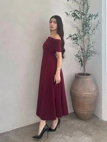 Andrea Bello Women's Elegant Minimalist Refined Romantic Fashion Party Vacation Commute Off Shoulder High Waist A-Line Long Dress, Grey Maxi Dress - Burgundy - View 5
