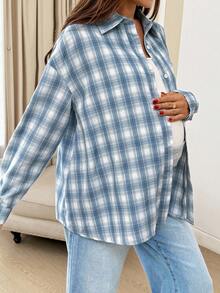 SHEIN Camisa casual maternidade xadrez com ombros caídos, manga comprida, abotoamento simples e bolso