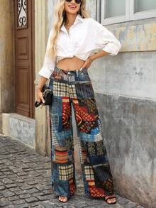 EMERY ROSE Women's Patchwork Print Loose High Waist Wide Leg Jeans - Multicolor - View 4