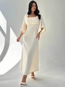 Firerie 女士时尚方领 3D 花朵装饰喇叭袖连衣裙 - 杏色 - 查看 7