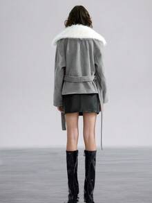 Airlisse Abrigo cruzado con cuello gris, mangas raglán y cintura con lazo, para otoño/invierno - Gris - Ver 6