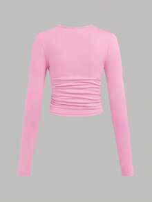 SHEIN 3pcs/Set Tween Girl Fitted Casual Solid Color Handmade Ribbon Bow Crew Neck Ruched Long Sleeve T-Shirts,Cute School White Winter Fall Pink Black Tops - Multicolor - View 7