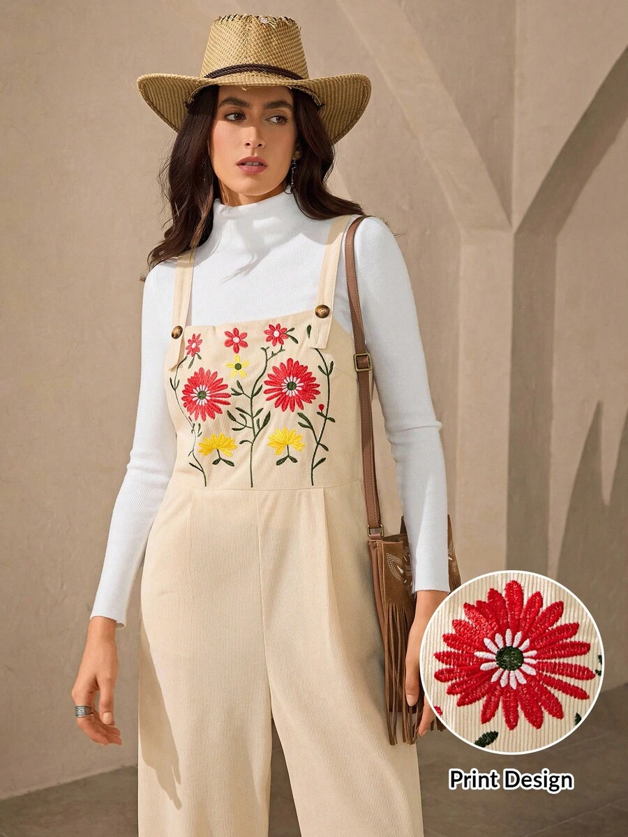 Wildy 美式乡村西式休闲绣花工装裤秋冬新款街头时尚牛仔连衣裙女装女西部连衣裙碎花贴花连衣裙复古女装 - 白色 - 查看 1