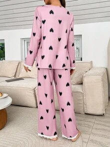 Moonlight&Mama Moonlight & Mama 蕾丝拼布翻领黑色心形印花宽松长袖上衣和裤子孕妇睡衣套装，秋季服装 - 彩色 - 查看 2