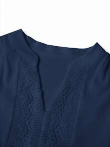 Gownix Women's Woven Jacquard Texture Spring Style Deep V-Neck Solid Color Ruffle Hem Lace Trim Summer Dress - Navy Blue - View 7