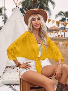 EMERY ROSE Women's Vacation Jacquard Knotted Waist Batwing 3/4 Sleeve Loose Fashion Blouse