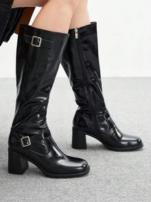 CUCCOO BIZCHIC Women's Fashion Over-The-Knee Boots, Square Toe Chunky Heel Design, Solid Black Color, Side Zipper With Multi-Strap Decor, Versatile For Skirts, Jeans, Coats, Suitable For Autumn/Winter, Fashion Shows, Commuting, Stylish Ladies Tall Boots - Black - View 3