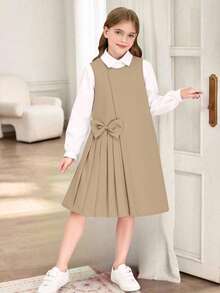 2件套女童可爱甜美休闲衬衫和蝴蝶结连衣裙，秋冬 - 卡其色 - 查看 2