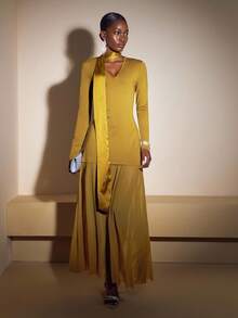 Zivah 2025 春夏新品 音乐节、复活节、圣帕特里克节、西部风、游牧风、生日派对、毕业典礼、学院风、学生风、日常休闲、基本百搭、休闲、邮轮旅行、海滩、日光浴、网络热潮、街头潮流、婚礼宾客波西米亚风、通勤、早午餐、机场 棕绿色 V 领长袖针织拼布网眼中长连衣裙（配围巾腰带） - 軍綠色 - 查看 7