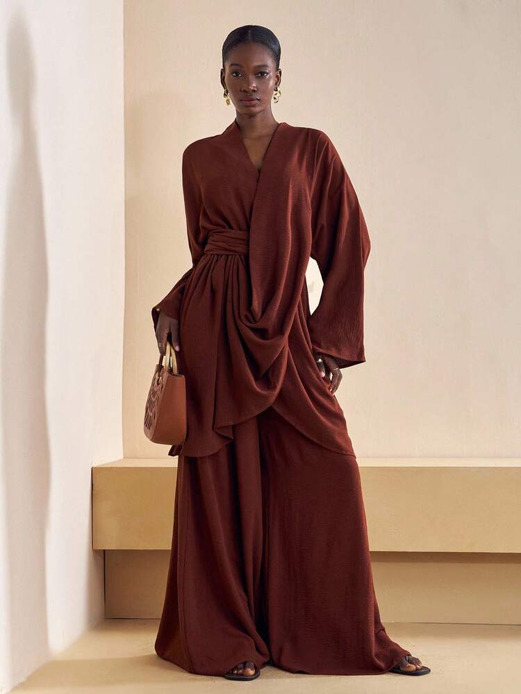 Zivah 2025 Autumn New Music Festival, Easter, St. Patrick's Day, Western, Nomadic, Birthday Party, Graduation, College Style, Student Wear, Daily Casual, All-Match Versatile, Leisure, Cruise Travel, Beach, Sunbathing, Viral , Streetwear, Wedding Guest Boho, Commute, Brunch, Airport, Party & Holiday Outfits 2-Piece Set: Cross-Wrap 3/4 Sleeve Top And Wide Leg Pants In Linen Brown - Brown - View 4