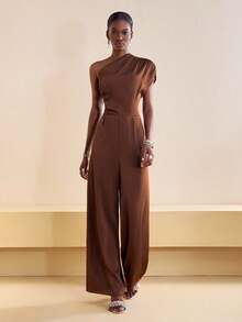 Zivah 2025 Autumn New Arrival Music Festival, Easter, St. Patrick's Day, Western Style, Nomadic Style, Birthday Party, Graduation Season, Campus Style, Student Wear, Casual Daily Outfit, Vacation, Cruise Travel, Beach, Sunbathing, Fashionable, Streetwear, Elegant Asymmetric Design Textured Fabric Brown Jumpsuit - Brown - View 4