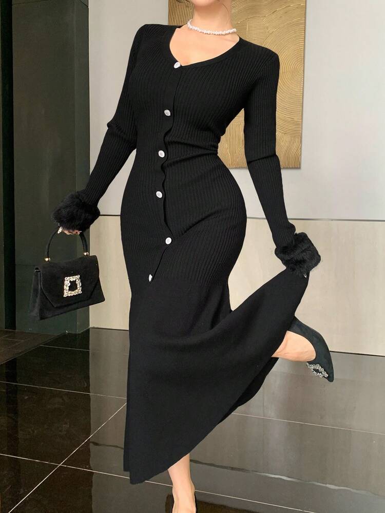 Women's Fringe Patchwork V-Neck Fishtail Sweater Dress, Autumn