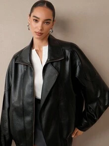 NOVVYNE Women's Vintage Motorcycle Jacket, Stand Collar, Boxy Silhouette, Fashionable PU Leather Coat, Black, Winter - Black - View 5