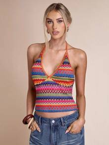 SHEIN BAE Women's Y2K Geometric Pattern Cropped Fitted Sexy Halter Neck Camisole - Orange - View 3