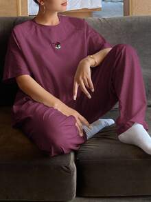 DAZY Cute Cartoon Print Raglan Sleeve Loose Pajama Set - Red Violet - View 4