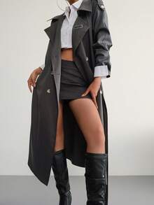 Aidyla Autumn Woven Loose Fit Cinched Waist Lapel Fashion Trench Coat, Grey Long Sleeve - Grey - View 4