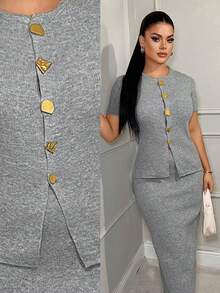 SHEIN SXY New Retro Commuting Business Personalized Metal Button Bodycon Skirt & Women Sweater Two Pieces Set, Suitable For Early Autumn,Fall - Grey - View 1